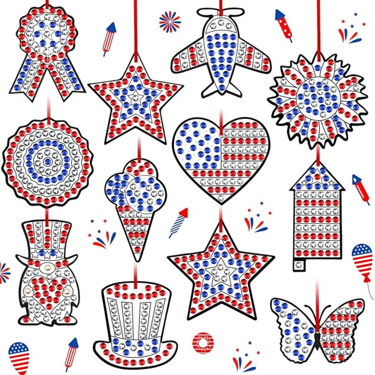 36 Sets Patriotic 4th of July Diamond Painting Ornaments DIY Gem Window Art Sun Catcher Kits Gemstone Diamond Art Craft and Crafts with Ropes for Holiday Party Decor